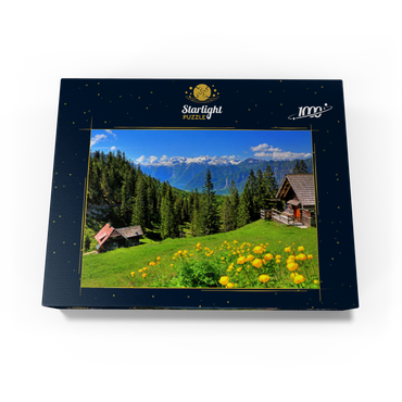 Mountain huts on the Hütteneckalm with view to the Hallstättersee and to the Dachstein (2995m) 1000 Jigsaw Puzzle box view1