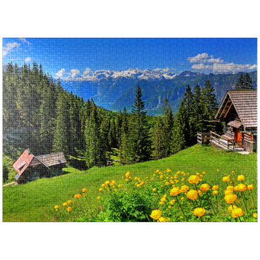 puzzleplate Mountain huts on the Hütteneckalm with view to the Hallstättersee and to the Dachstein (2995m) 1000 Jigsaw Puzzle