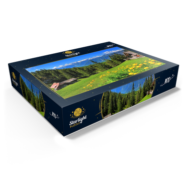 Mountain huts on the Hütteneckalm with view to the Hallstättersee and to the Dachstein (2995m) 100 Jigsaw Puzzle box view1