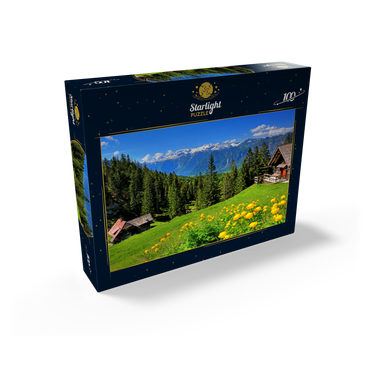 Mountain huts on the Hütteneckalm with view to the Hallstättersee and to the Dachstein (2995m) 100 Jigsaw Puzzle box view1