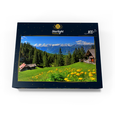 Mountain huts on the Hütteneckalm with view to the Hallstättersee and to the Dachstein (2995m) 100 Jigsaw Puzzle box view1