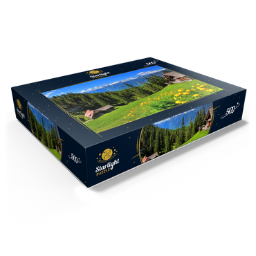 Mountain huts on the Hütteneckalm with view to the Hallstättersee and to the Dachstein (2995m) 500 Jigsaw Puzzle box view1