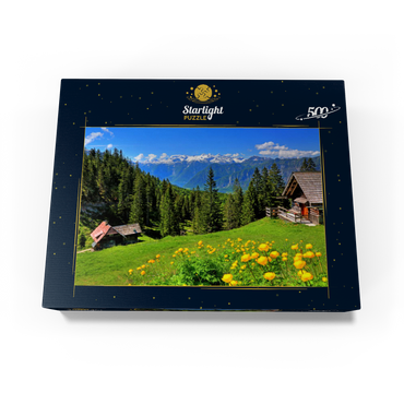 Mountain huts on the Hütteneckalm with view to the Hallstättersee and to the Dachstein (2995m) 500 Jigsaw Puzzle box view1