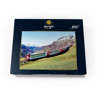 An express with panoramic windows overlooking the meadows on the mountains and snow-capped mountains under blue sunny sky in Andermatt, Uri, Switzerland 1000 Jigsaw Puzzle box view1