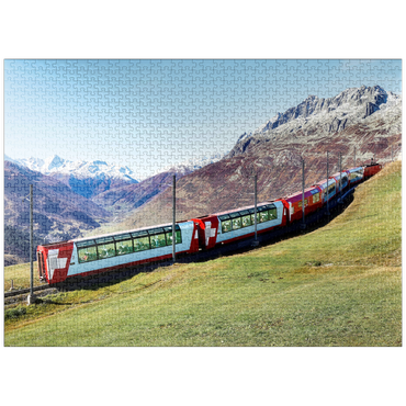 puzzleplate An express with panoramic windows overlooking the meadows on the mountains and snow-capped mountains under blue sunny sky in Andermatt, Uri, Switzerland 1000 Jigsaw Puzzle