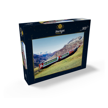 An express with panoramic windows overlooking the meadows on the mountains and snow-capped mountains under blue sunny sky in Andermatt, Uri, Switzerland 500 Jigsaw Puzzle box view1