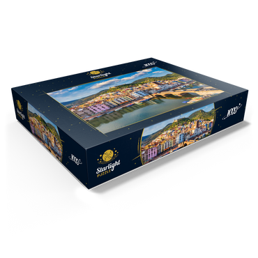 Aerial view of beautiful village Bosa with colorful houses and medieval castle. Bosa is located in northwest Sardinia, Italy. Aerial view of colorful houses in Bosa village, Sardegna. 1000 Jigsaw Puzzle box view1