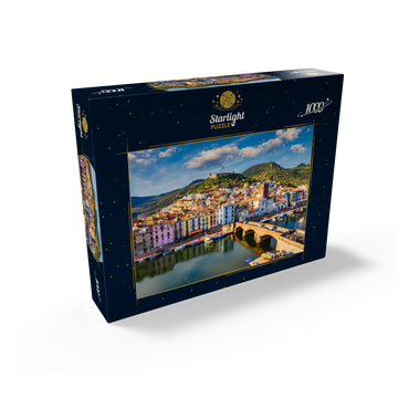 Aerial view of beautiful village Bosa with colorful houses and medieval castle. Bosa is located in northwest Sardinia, Italy. Aerial view of colorful houses in Bosa village, Sardegna. 1000 Jigsaw Puzzle box view1