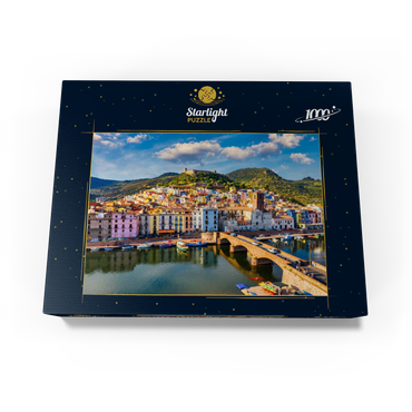 Aerial view of beautiful village Bosa with colorful houses and medieval castle. Bosa is located in northwest Sardinia, Italy. Aerial view of colorful houses in Bosa village, Sardegna. 1000 Jigsaw Puzzle box view1