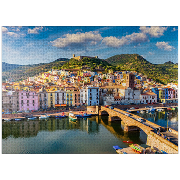 puzzleplate Aerial view of beautiful village Bosa with colorful houses and medieval castle. Bosa is located in northwest Sardinia, Italy. Aerial view of colorful houses in Bosa village, Sardegna. 1000 Jigsaw Puzzle