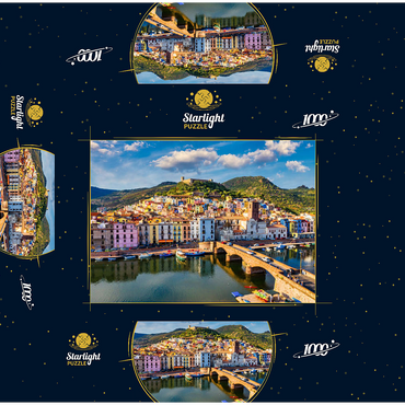 Aerial view of beautiful village Bosa with colorful houses and medieval castle. Bosa is located in northwest Sardinia, Italy. Aerial view of colorful houses in Bosa village, Sardegna. 1000 Jigsaw Puzzle box 3D Modell