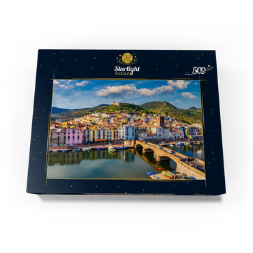 Aerial view of beautiful village Bosa with colorful houses and medieval castle. Bosa is located in northwest Sardinia, Italy. Aerial view of colorful houses in Bosa village, Sardegna. 500 Jigsaw Puzzle box view1
