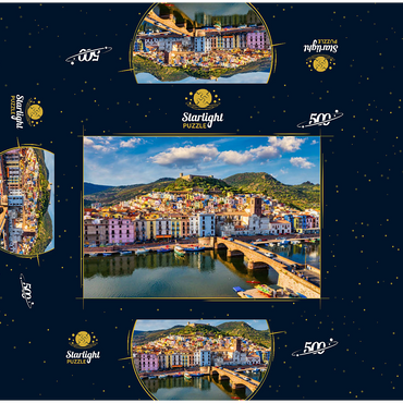Aerial view of beautiful village Bosa with colorful houses and medieval castle. Bosa is located in northwest Sardinia, Italy. Aerial view of colorful houses in Bosa village, Sardegna. 500 Jigsaw Puzzle box 3D Modell