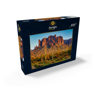 The Superstition Mountains and Sonoran desert landscape at sunset in Lost Dutchman State Park, Arizona. 1000 Jigsaw Puzzle box view1