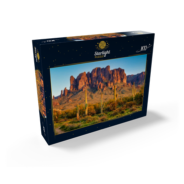 The Superstition Mountains and Sonoran desert landscape at sunset in Lost Dutchman State Park, Arizona. 100 Jigsaw Puzzle box view1