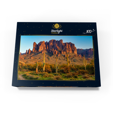 The Superstition Mountains and Sonoran desert landscape at sunset in Lost Dutchman State Park, Arizona. 100 Jigsaw Puzzle box view1
