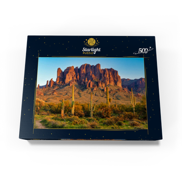 The Superstition Mountains and Sonoran desert landscape at sunset in Lost Dutchman State Park, Arizona. 500 Jigsaw Puzzle box view1