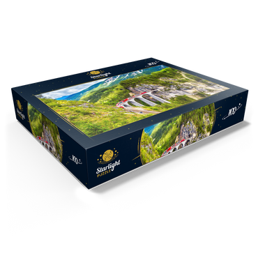 Glacier Express on the Landwasser Viaduct, Switzerland, the landmark of the Swiss Alps. The red Bernina train runs on the railroad bridge in the mountains. Aerial view of the railroad in summer. Beautiful alpine scenery 100 Jigsaw Puzzle box view1