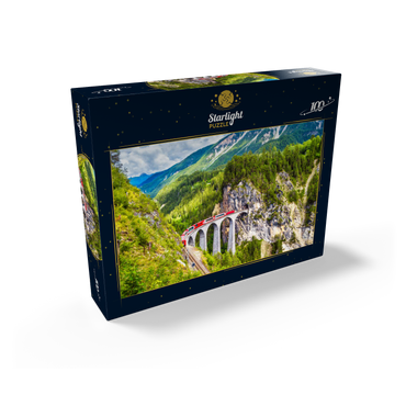 Glacier Express on the Landwasser Viaduct, Switzerland, the landmark of the Swiss Alps. The red Bernina train runs on the railroad bridge in the mountains. Aerial view of the railroad in summer. Beautiful alpine scenery 100 Jigsaw Puzzle box view1