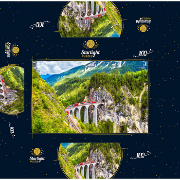 Glacier Express on the Landwasser Viaduct, Switzerland, the landmark of the Swiss Alps. The red Bernina train runs on the railroad bridge in the mountains. Aerial view of the railroad in summer. Beautiful alpine scenery 100 Jigsaw Puzzle box 3D Modell