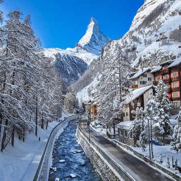The mountain village of Zermatt in Switzerland, The Matterhorn, Alpine river. 100 Jigsaw Puzzle 3D Modell