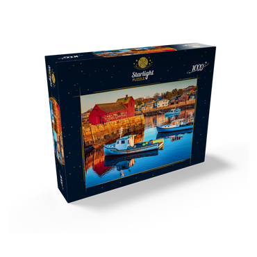 Rockport Harbor in Massachusetts with its lobster boats and village reflect in the still waters of the day. The colors give the town a nostalgic feel. 1000 Jigsaw Puzzle box view1