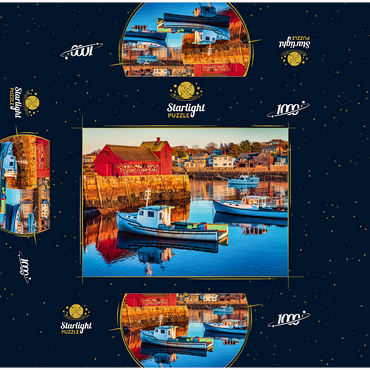 Rockport Harbor in Massachusetts with its lobster boats and village reflect in the still waters of the day. The colors give the town a nostalgic feel. 1000 Jigsaw Puzzle box 3D Modell