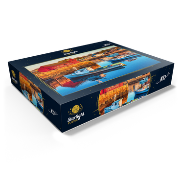 Rockport Harbor in Massachusetts with its lobster boats and village reflect in the still waters of the day. The colors give the town a nostalgic feel. 100 Jigsaw Puzzle box view1