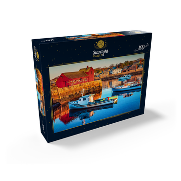 Rockport Harbor in Massachusetts with its lobster boats and village reflect in the still waters of the day. The colors give the town a nostalgic feel. 100 Jigsaw Puzzle box view1