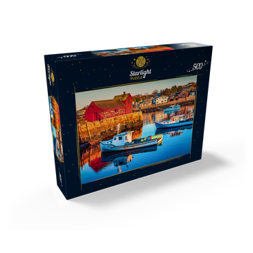 Rockport Harbor in Massachusetts with its lobster boats and village reflect in the still waters of the day. The colors give the town a nostalgic feel. 500 Jigsaw Puzzle box view1