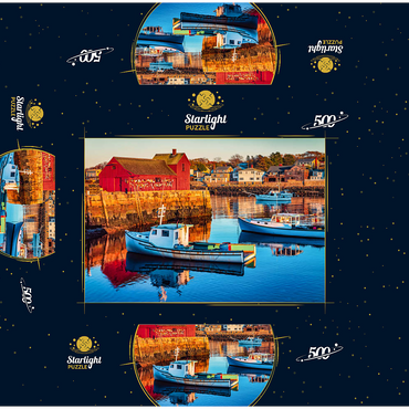 Rockport Harbor in Massachusetts with its lobster boats and village reflect in the still waters of the day. The colors give the town a nostalgic feel. 500 Jigsaw Puzzle box 3D Modell