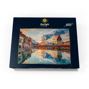 Sunset in the historical city center of Lucerne with the famous Chapel Bridge and Lake Lucerne, Canton Lucerne, Switzerland 1000 Jigsaw Puzzle box view1