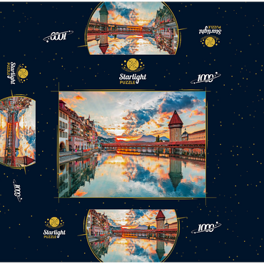 Sunset in the historical city center of Lucerne with the famous Chapel Bridge and Lake Lucerne, Canton Lucerne, Switzerland 1000 Jigsaw Puzzle box 3D Modell