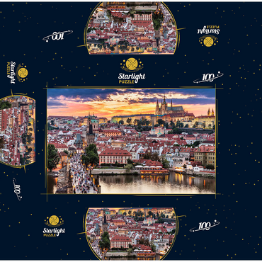 Prague - Czech Republic - sunset or sunrise view of Charles Bridge and Prague Castle over Vltava river and historical center of Prague, buildings and landmarks of Old Town 100 Jigsaw Puzzle box 3D Modell