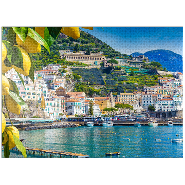 puzzleplate Panoramic view of beautiful Amalfi on hills leading down to the coast, Campania, Italy. Amalfi Coast is the most popular travel and vacation destination in Europe. Ripe yellow lemons in the foreground. 1000 Jigsaw Puzzle
