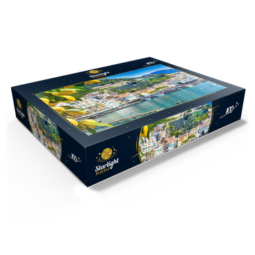 Panoramic view of beautiful Amalfi on hills leading down to the coast, Campania, Italy. Amalfi Coast is the most popular travel and vacation destination in Europe. Ripe yellow lemons in the foreground. 100 Jigsaw Puzzle box view1