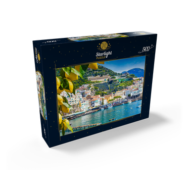 Panoramic view of beautiful Amalfi on hills leading down to the coast, Campania, Italy. Amalfi Coast is the most popular travel and vacation destination in Europe. Ripe yellow lemons in the foreground. 500 Jigsaw Puzzle box view1