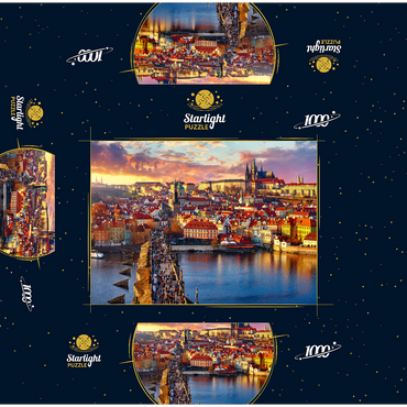 Panoramic view on top of Charles Bridge Prague Castle and Vltava River Prague Czech Republic. Picturesque landscape with sunny Old Town houses with red tegular roofs and stream tower. 1000 Jigsaw Puzzle box 3D Modell