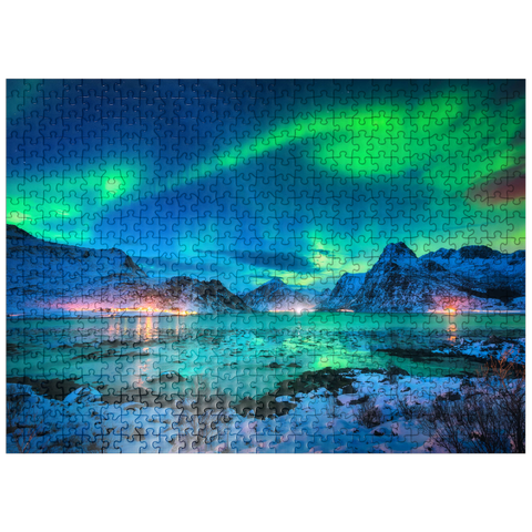 puzzleplate Aurora borealis over sea coast, snow covered mountains and city lights at night. Northern lights on Lofoten Islands, Norway. Starry sky with aurora borealis. Winter landscape with aurora reflected in water. 500 Jigsaw Puzzle
