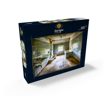 Renovated and dirty bathroom with blue tiles in old abandoned house 500 Jigsaw Puzzle box view1