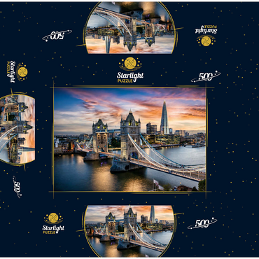 Aerial view to illuminated Tower Bridge and skyline of London, Great Britain, shortly after sunset 500 Jigsaw Puzzle box 3D Modell