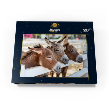 Three horses or donkeys on the farm. head of coupe brown horse or donkey in the stable. horse or donkey lover and third party. triangle concept for pets. love the concept of a third party. a sad concept. 500 Jigsaw Puzzle box view1