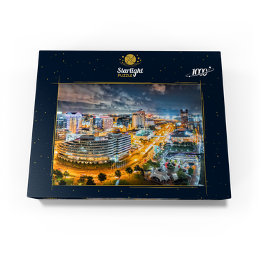 Aerial view of Norfolk Virginia at night. Norfolk is the second most populous city in Virginia after neighboring Virginia Beach and the host of the largest naval base in the world. 1000 Jigsaw Puzzle box view1