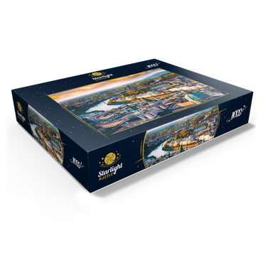 Beautiful panoramic view from the air in autumn season in a historic city of Salzburg with Salzach river in beautiful golden evening light and colorful autumn at sunset, Salzburger Land, Austria 1000 Jigsaw Puzzle box view1