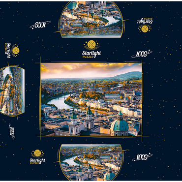Beautiful panoramic view from the air in autumn season in a historic city of Salzburg with Salzach river in beautiful golden evening light and colorful autumn at sunset, Salzburger Land, Austria 1000 Jigsaw Puzzle box 3D Modell