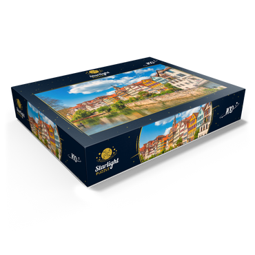 Tübingen in Stuttgart, Germany Colored house on the river bank and blue sky. Beautiful old city in Europe. People sitting on the wall. Boats made of wood attached to the dock. 100 Jigsaw Puzzle box view1