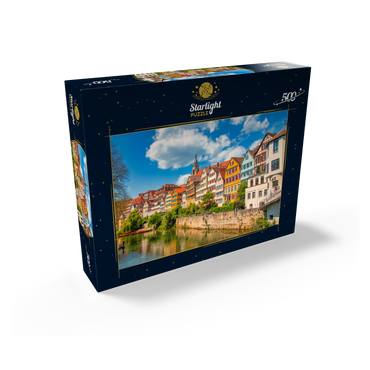 Tübingen in Stuttgart, Germany Colored house on the river bank and blue sky. Beautiful old city in Europe. People sitting on the wall. Boats made of wood attached to the dock. 500 Jigsaw Puzzle box view1