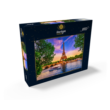 Paris Eiffel Tower and Seine River at sunset in Paris, France. The Eiffel Tower is one of the most famous landmarks of Paris. 1000 Jigsaw Puzzle box view1