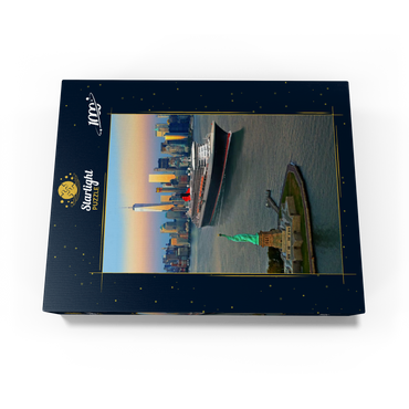 Harbor entrance with the Statue of Liberty the transatlantic liner Queen Mary 2 and One World Trade Center, Manhattan, New York City, New York, USA, Composing 1000 Jigsaw Puzzle box view1