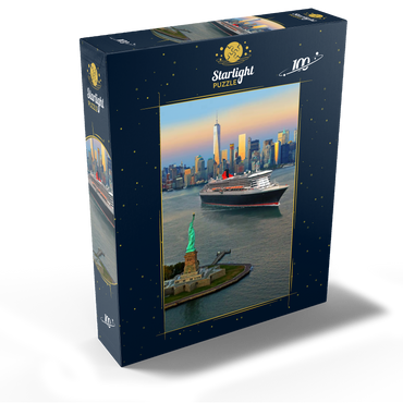Harbor entrance with the Statue of Liberty the transatlantic liner Queen Mary 2 and One World Trade Center, Manhattan, New York City, New York, USA, Composing 100 Jigsaw Puzzle box view1